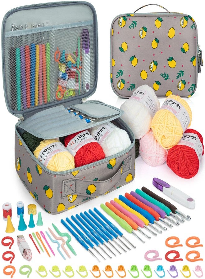 GMAK Crochet Kit for Beginners Adults Kids, 59 PCS Crochet Sets Include Yarn, Crochet Hooks and Tools, Portable Crochet Starter Kit for Making Variety Projects Crochet Supplies, Gray Lemon - Image 1